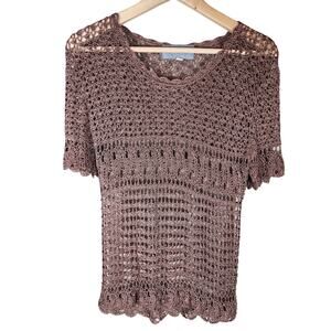 CAROL ANDERSON CALIFORNIA Brown Crochet Short Sleeve Stretch Top SZ M